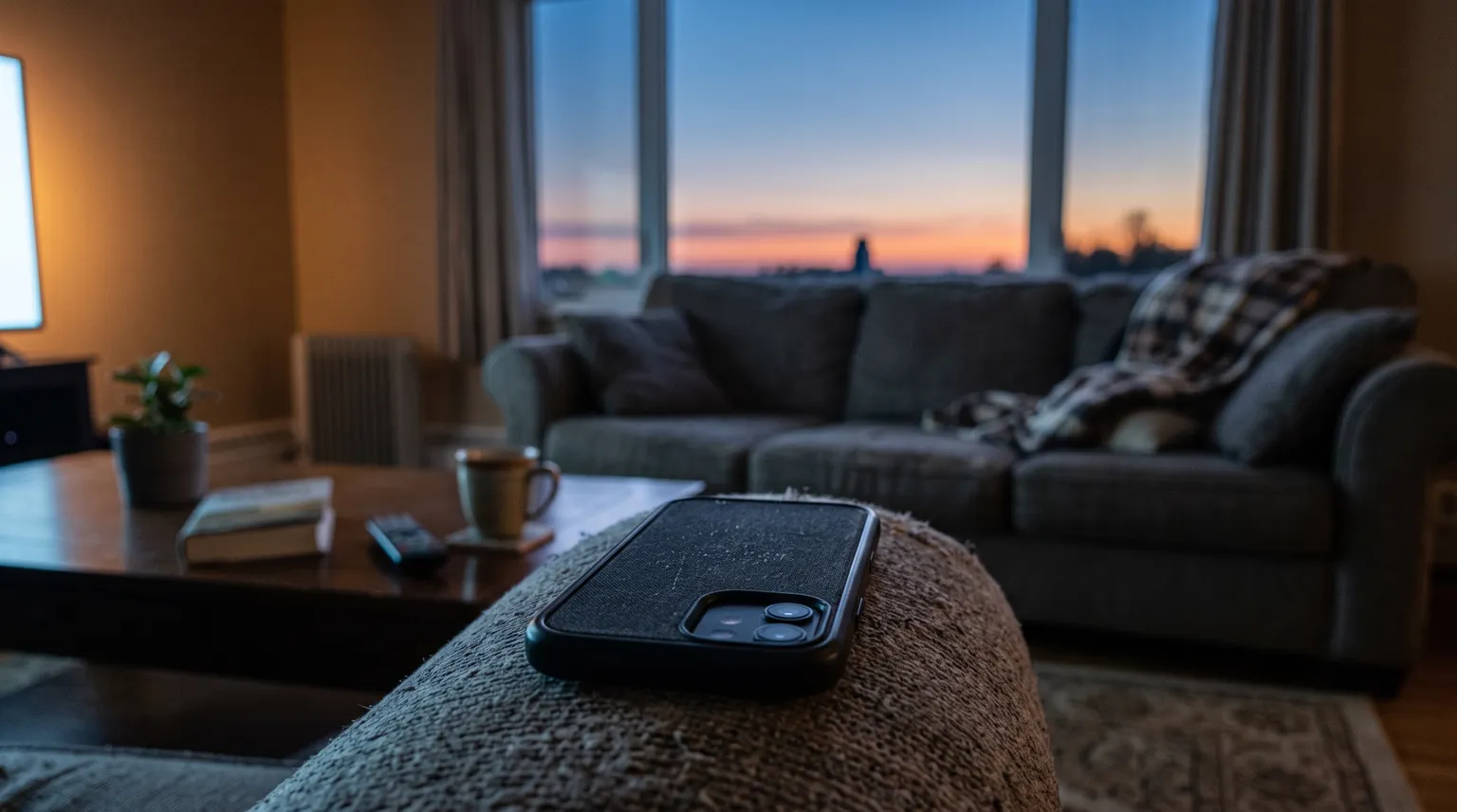A dim living room at dusk lit by a television off-frame, an empty couch and a phone face-down on the armrest.