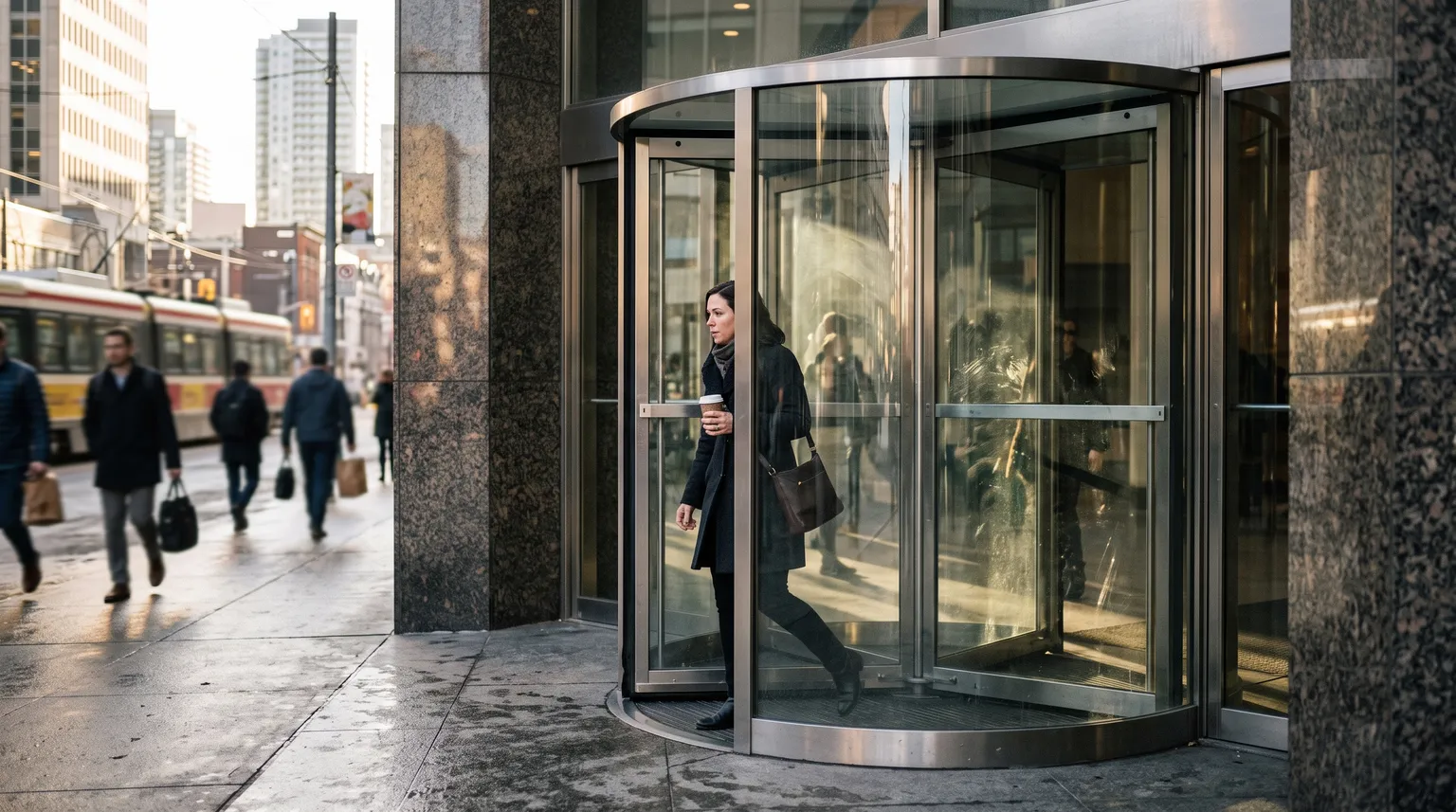 A glass revolving door at a downtown office tower entrance, one person mid-turn in morning light.