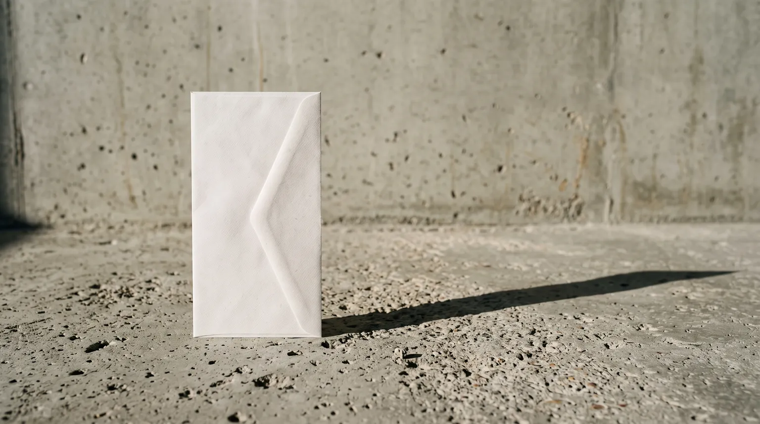 A sealed white envelope standing upright on a bare concrete surface, casting a long hard shadow.