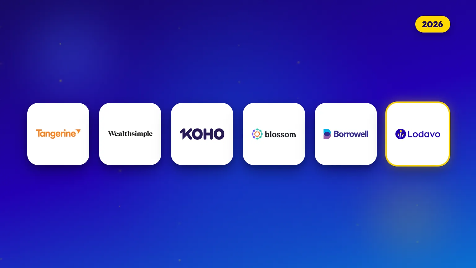 Logos of six money apps Canadians compare in 2026, side by side: Tangerine, Wealthsimple, KOHO, Blossom, Borrowell and Lodavo.