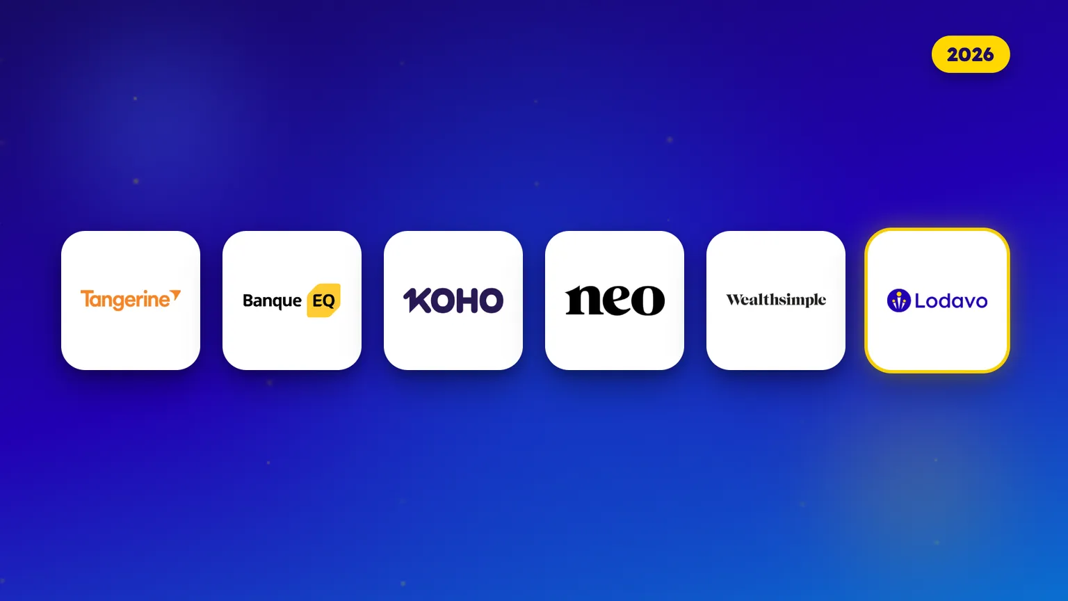 Les logos de six applis financières canadiennes pour nouveaux arrivants, côte à côte pour 2026 : Tangerine, Banque EQ, KOHO, Neo, Wealthsimple et Lodavo.