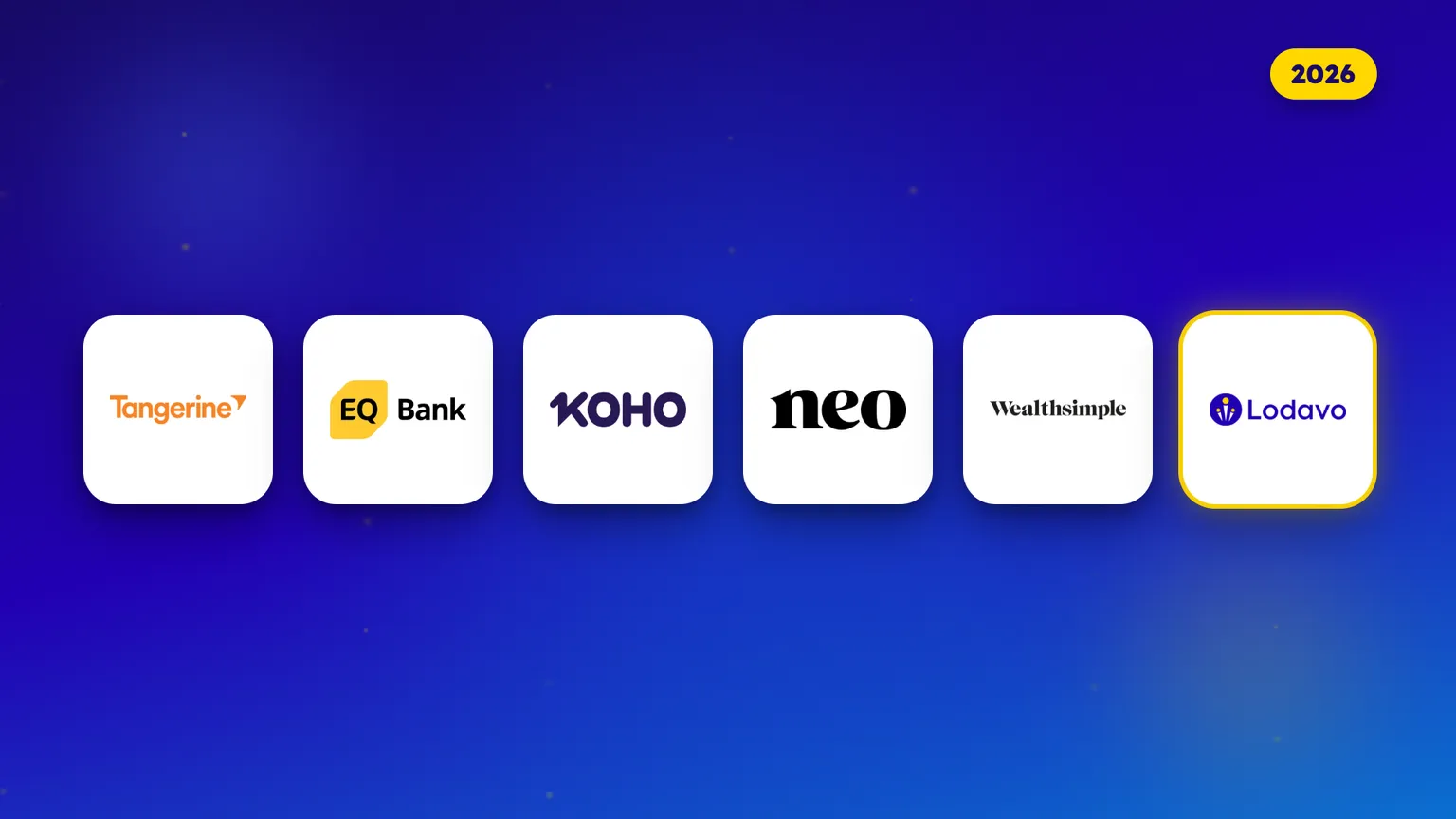 Logos of six Canadian money apps for newcomers side by side for 2026: Tangerine, EQ Bank, KOHO, Neo, Wealthsimple and Lodavo.