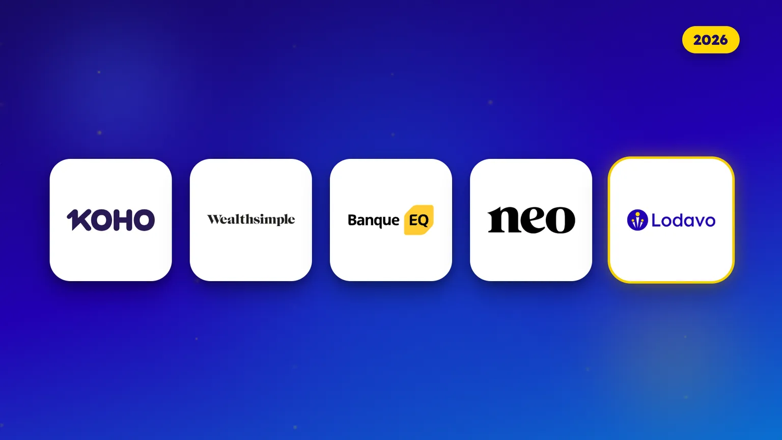 Les logos de cinq applis financières canadiennes pour étudiants, côte à côte pour 2026 : KOHO, Wealthsimple, Banque EQ, Neo et Lodavo.