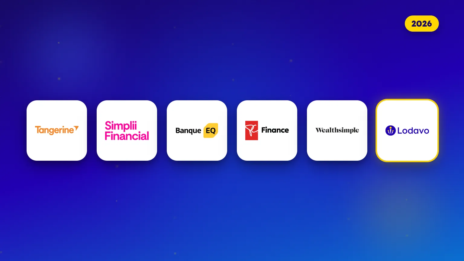 Logos de cinq comptes bancaires sans frais au Canada en 2026, côte à côte, soit Tangerine, Simplii, Banque EQ, PC Finance et Wealthsimple, avec l’appli d’épargne Lodavo.