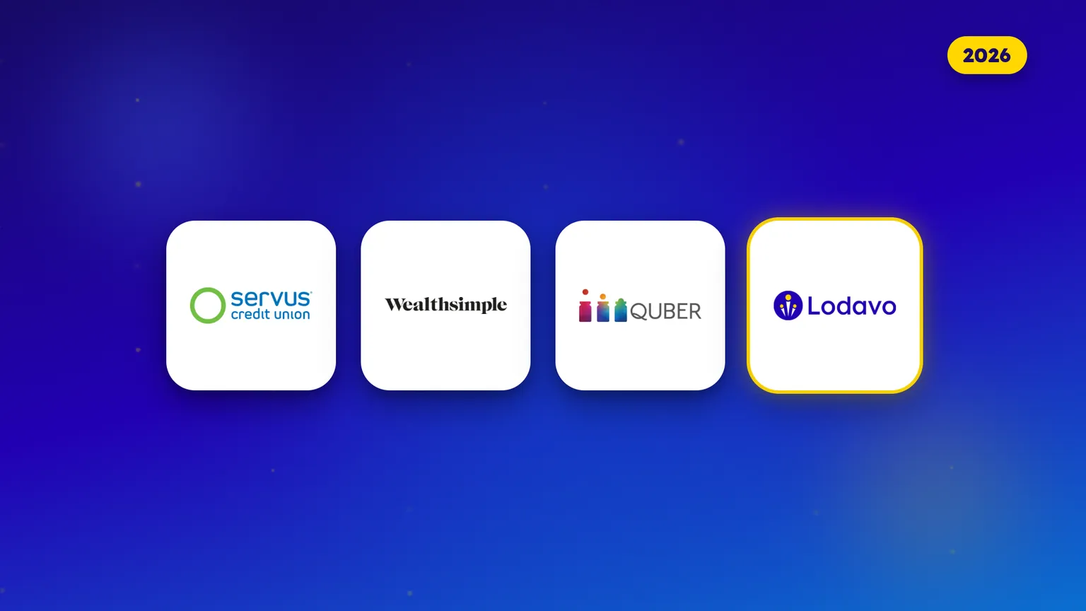 Logos of the four Canadian options that run a standing prize draw on savings in 2026: Servus Credit Union, Wealthsimple, QUBER and the Lodavo savings app.