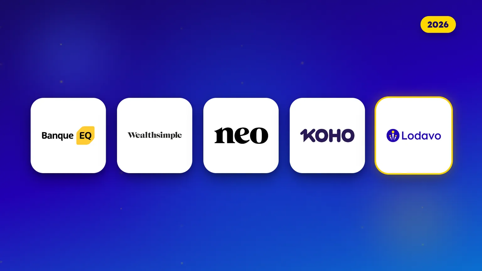Les logos de cinq applis d'épargne canadiennes côte à côte pour 2026 : Banque EQ, Wealthsimple, Neo, KOHO et Lodavo.
