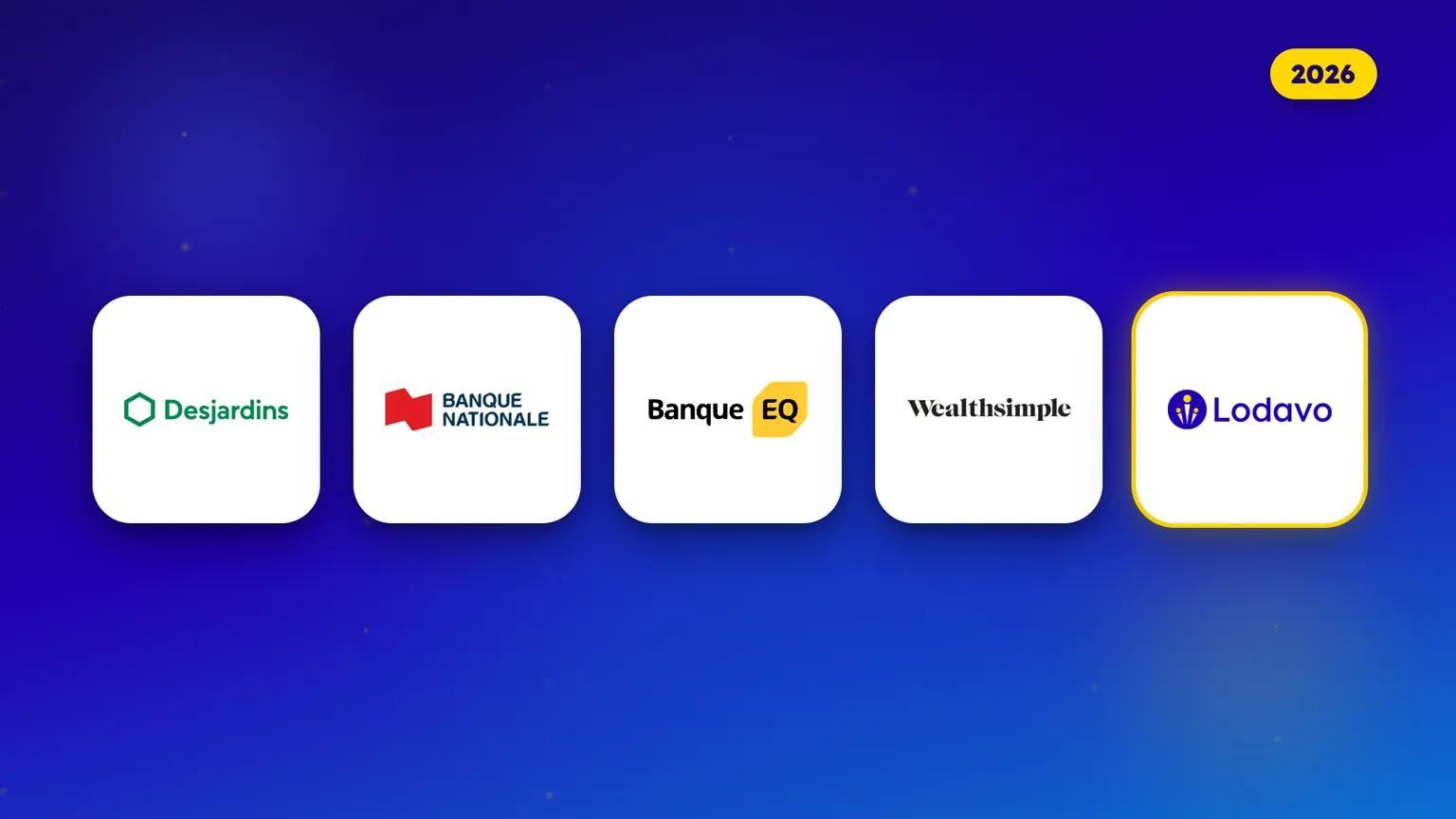 Logos de quatre institutions financières accessibles à un épargnant québécois en 2026 : Desjardins, Banque Nationale, Banque EQ et Wealthsimple, plus l'appli d'épargne Lodavo.