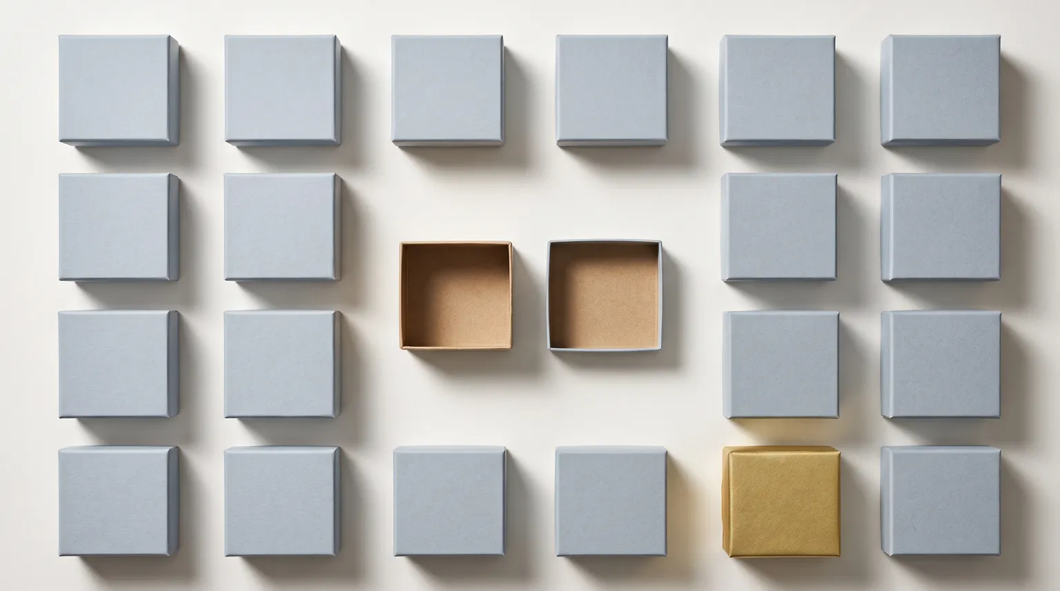 A grid of small sealed cardboard boxes on an off-white surface, one opened and empty, one wrapped in gold.
