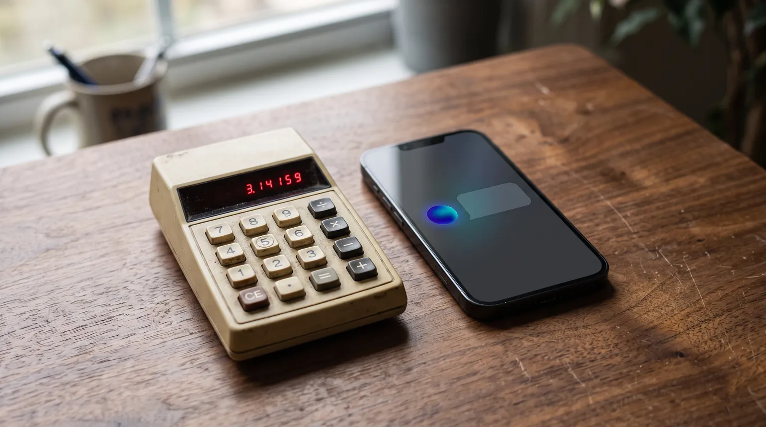 A vintage 1970s pocket calculator beside a modern smartphone glowing with an AI assistant on a desk.