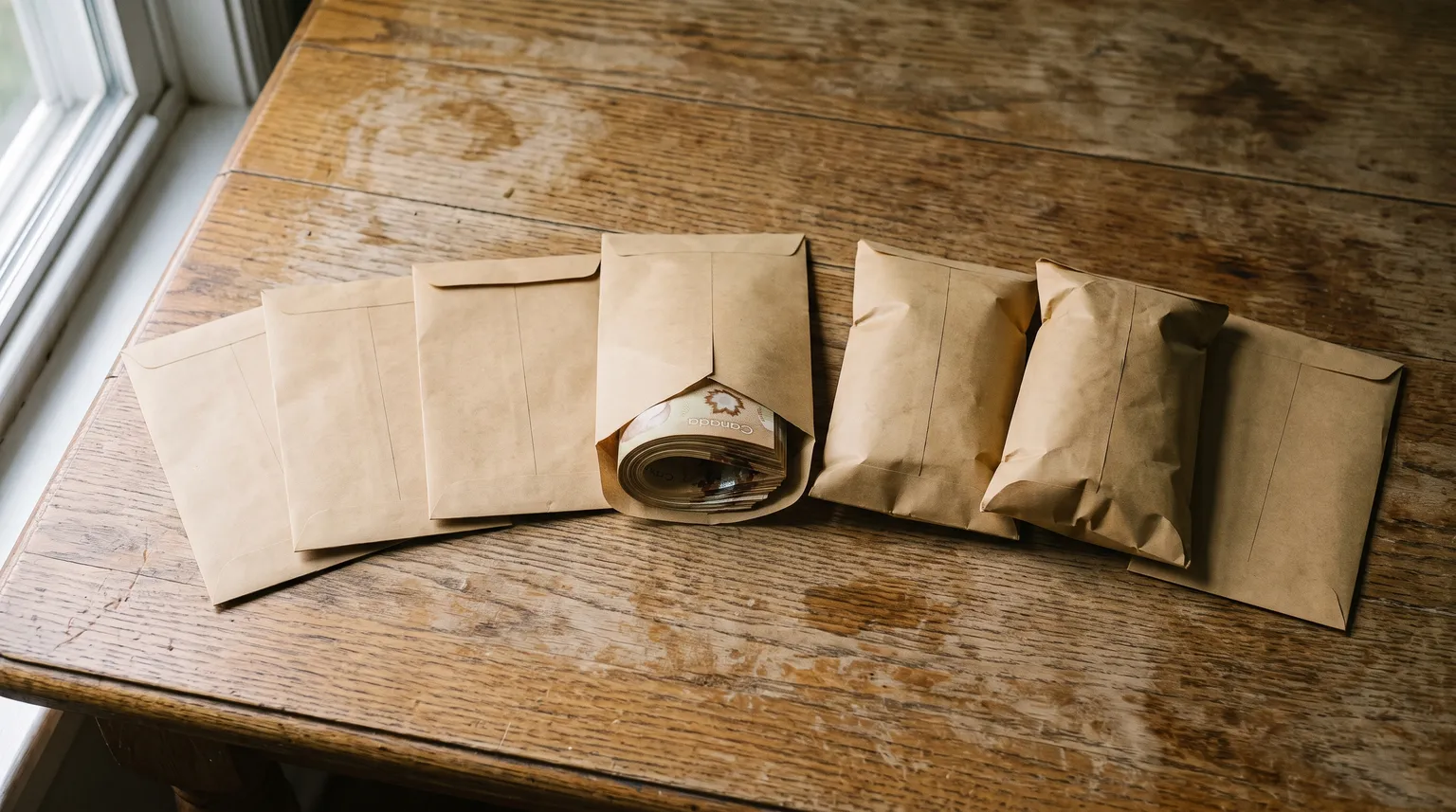 Plain kraft envelopes fanned across a worn wooden table, folded bills showing at the edge of one.