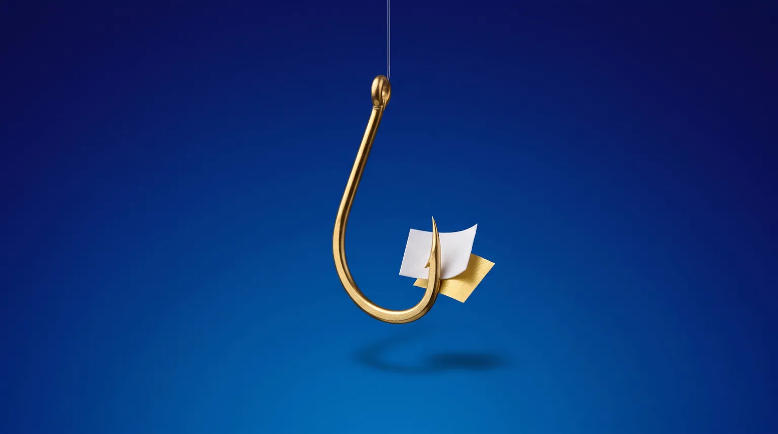 A gold fishing hook with pieces of confetti caught on it, against a deep blue background.