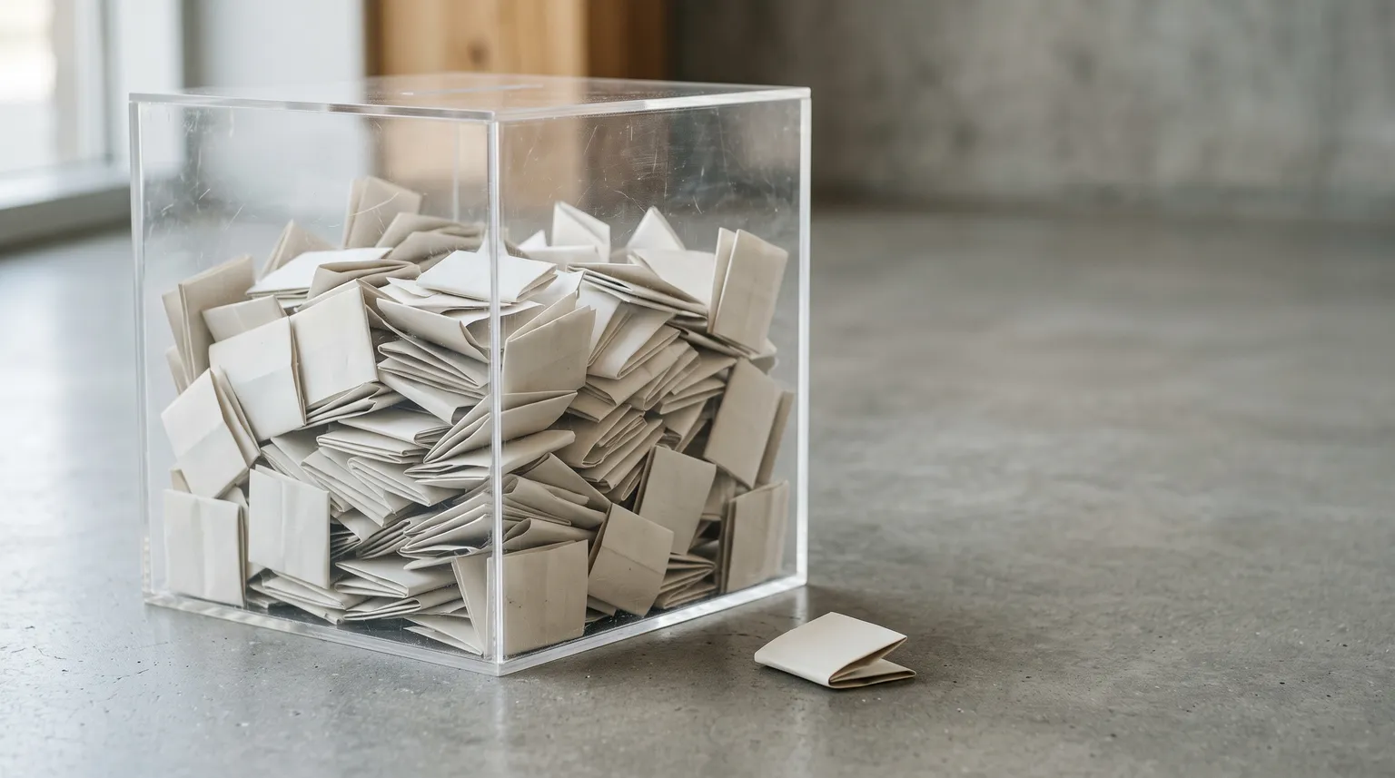 A clear ballot box packed with folded paper entry slips on a grey concrete surface, one slip resting outside it.