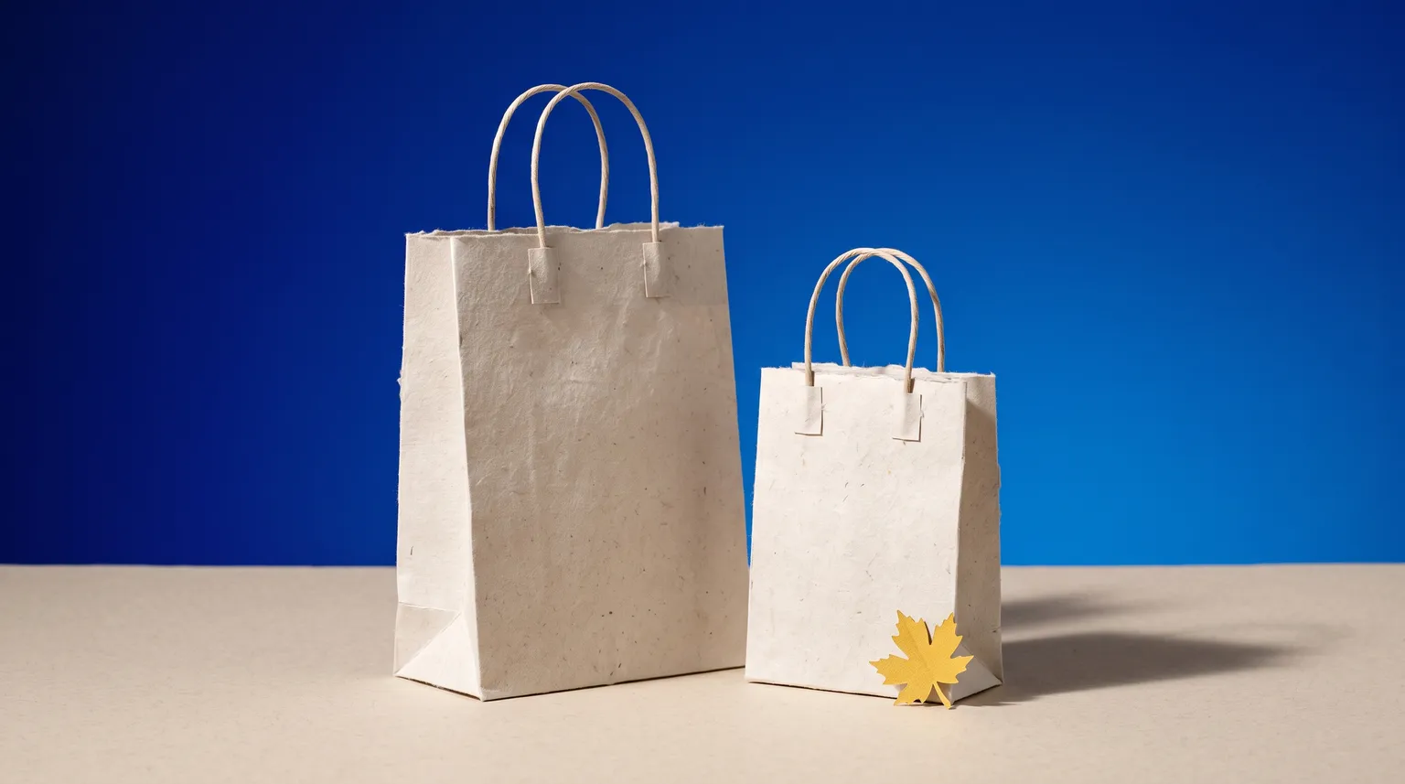 Two matte paper shopping bags of noticeably different sizes on a deep blue gradient, with a small gold paper maple leaf.