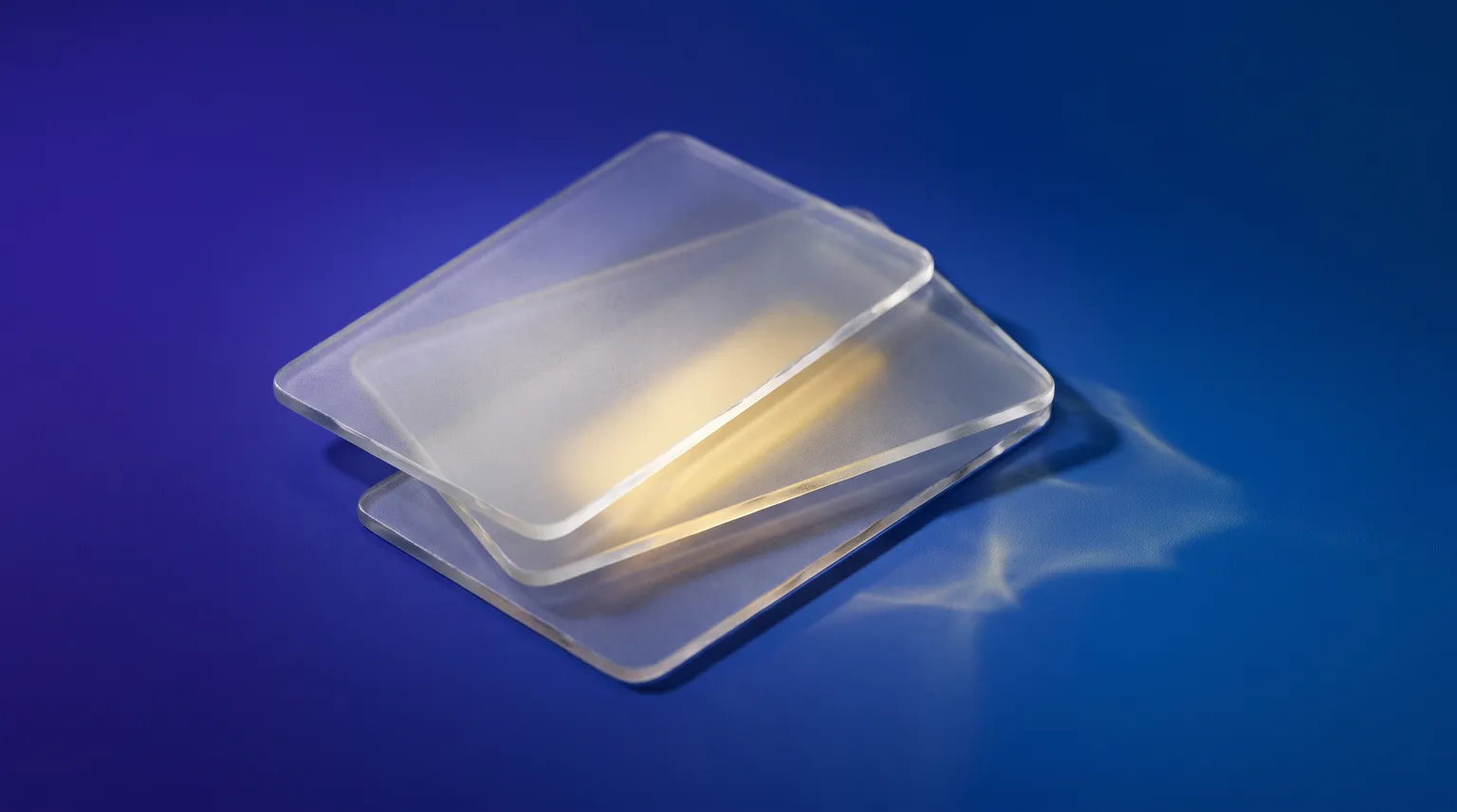 Three translucent glass cards fanned in a stack on a deep blue gradient, light passing through them onto the surface below.