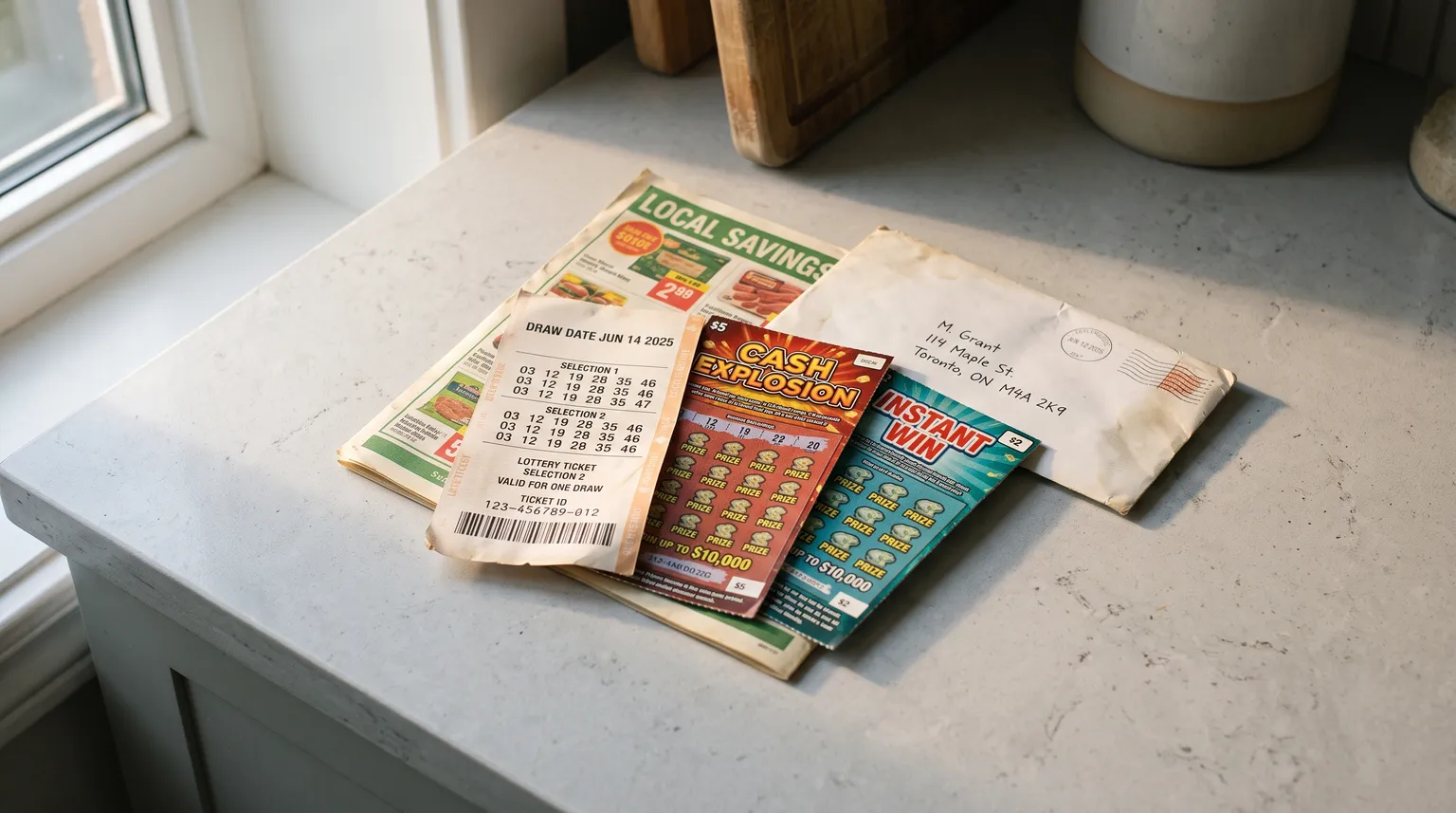 Three lottery tickets fanned out on a kitchen counter beside a flyer and an unopened envelope.