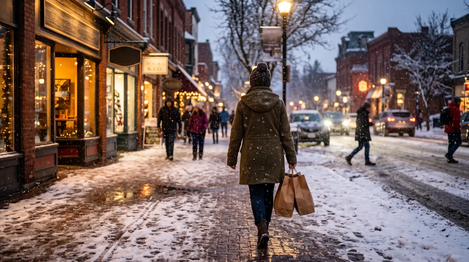 A woman in a toque carries paper shopping bags along a snowy Canadian street at dusk.