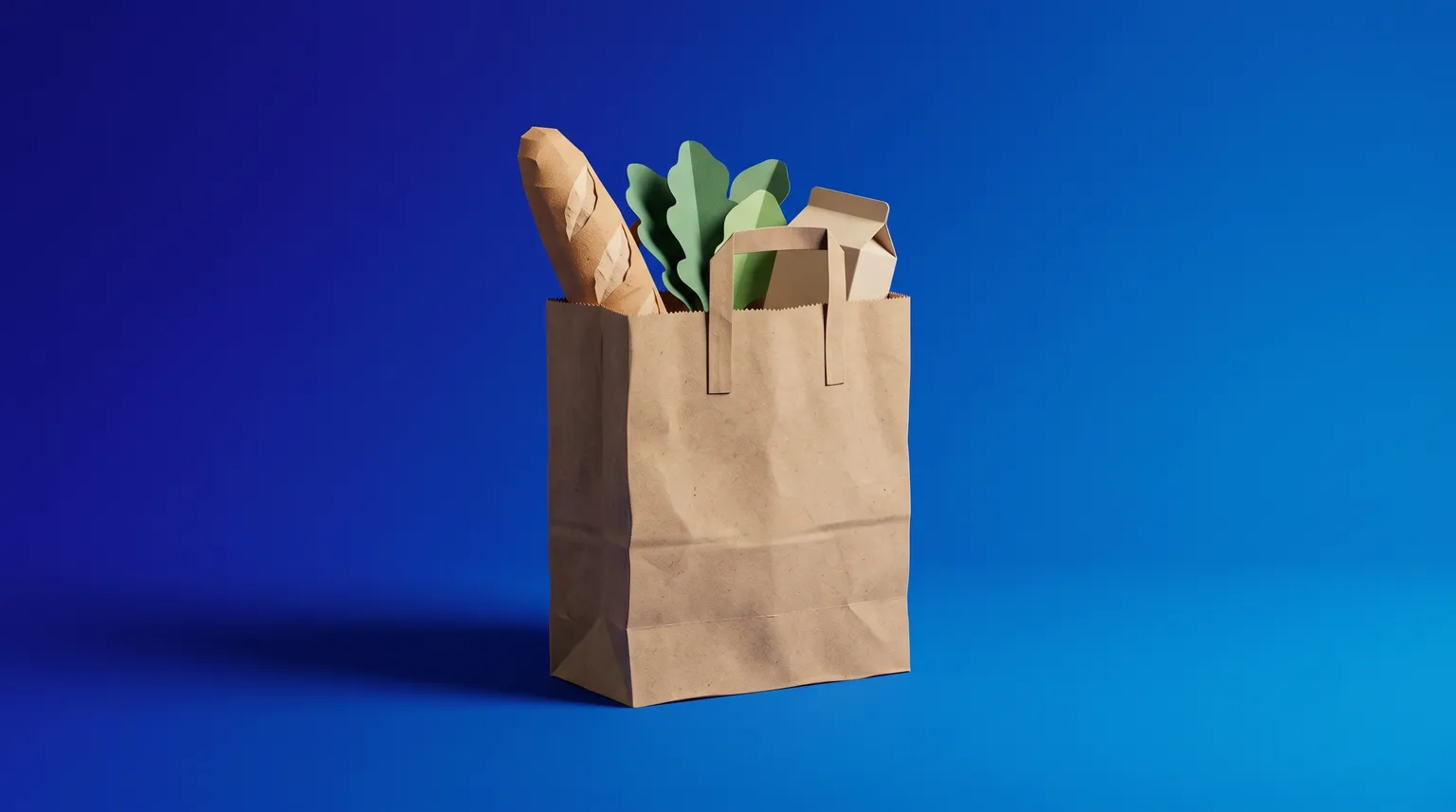 A folded paper grocery bag holding simple paper vegetables and a baguette, on a deep blue background.