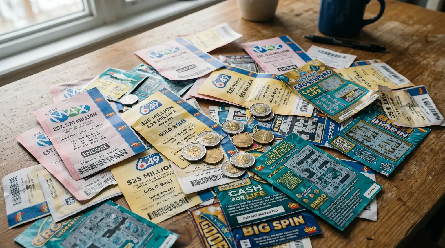 Dozens of Canadian lottery and scratch tickets spread across a table with a few coins.
