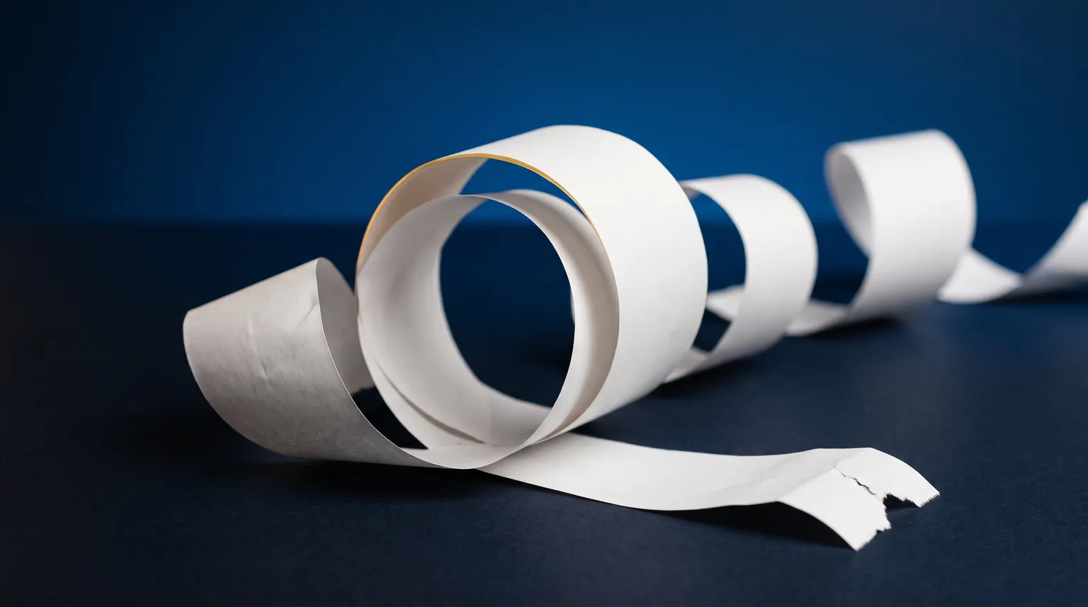 Un long ruban de reçu en papier qui s'enroule sur une surface bleu foncé, éclairé de côté.