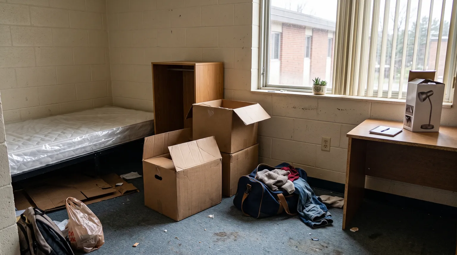 A half-unpacked university residence room on move-in day, boxes and a duffel bag beside a bare single bed.