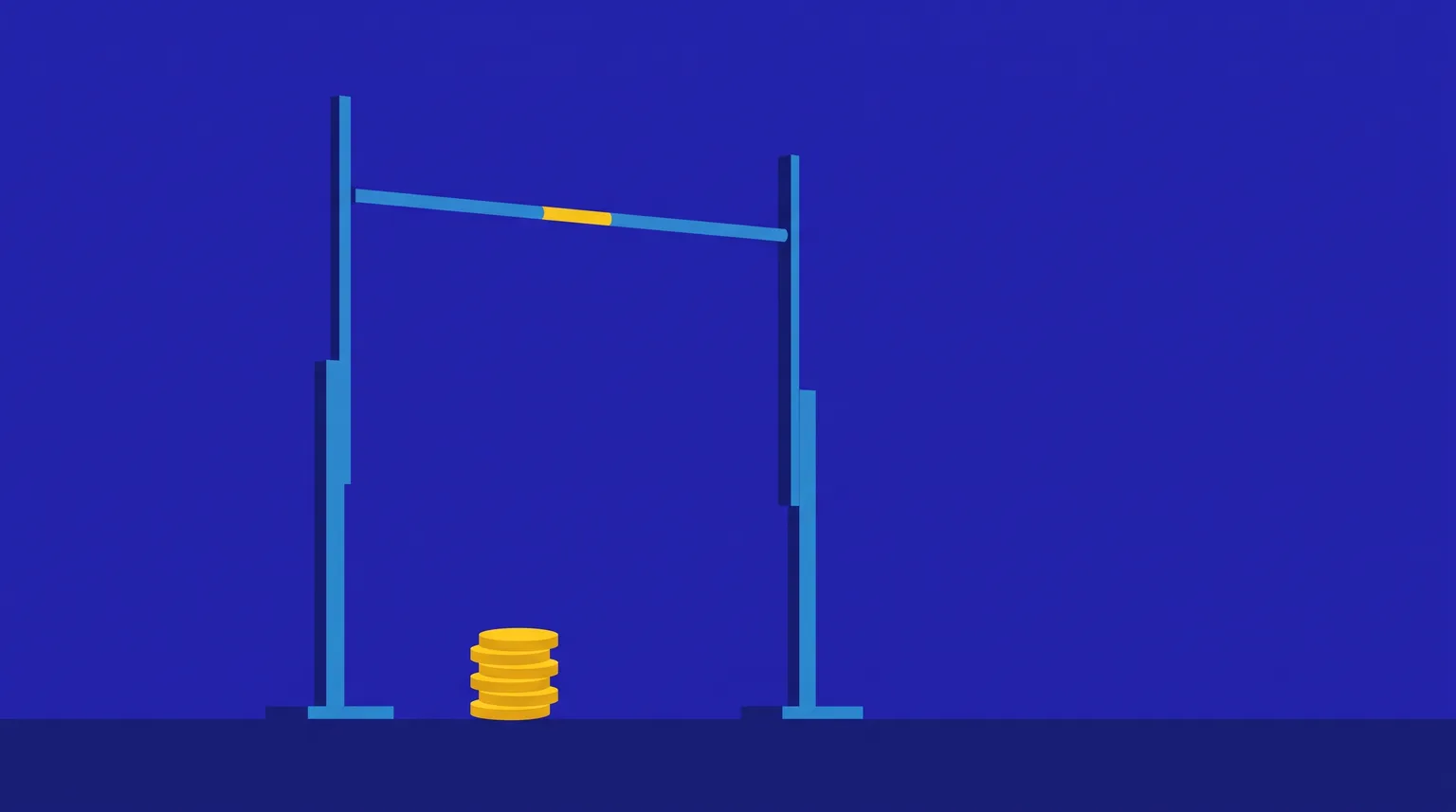 A flat illustration of a high-jump bar set high on its uprights, with a small stack of coins on the ground beneath it.