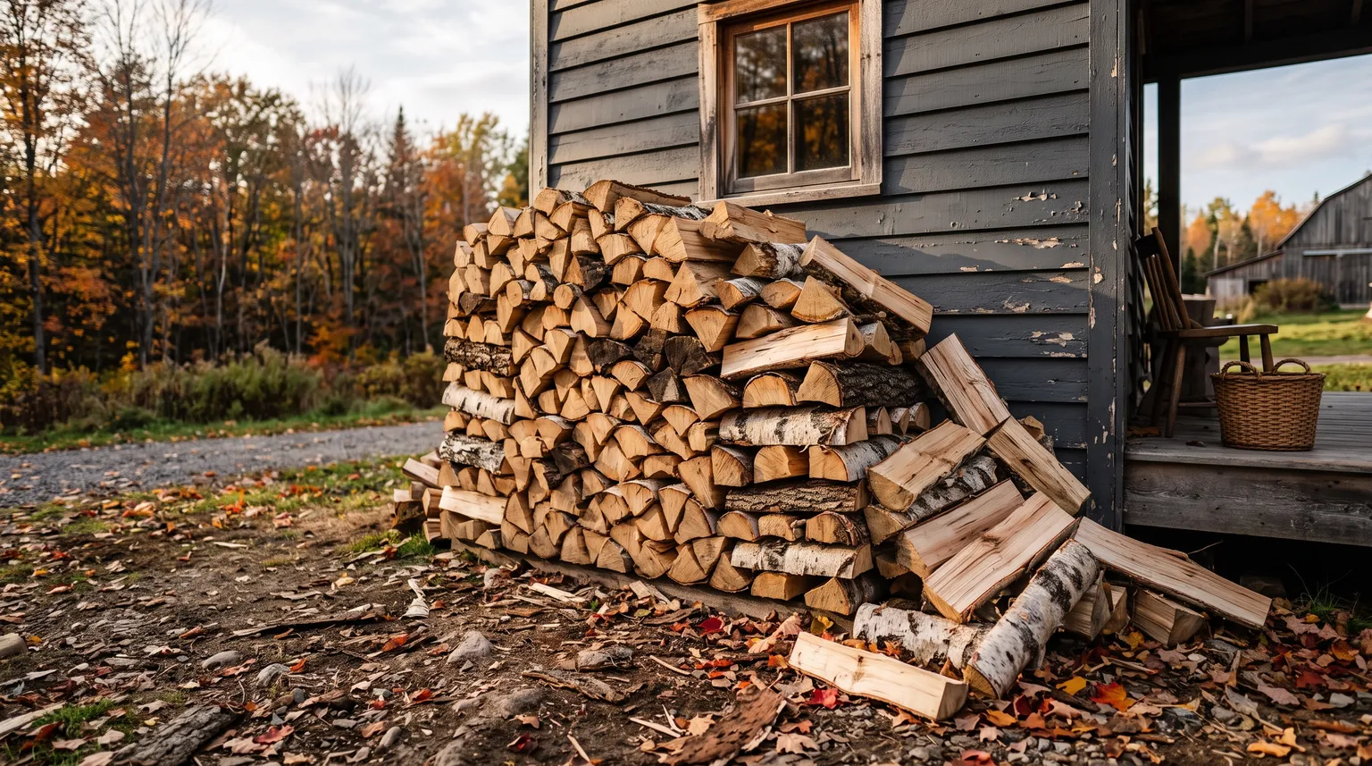 A half-finished stack of split birch firewood against a clapboard wall in late autumn light.