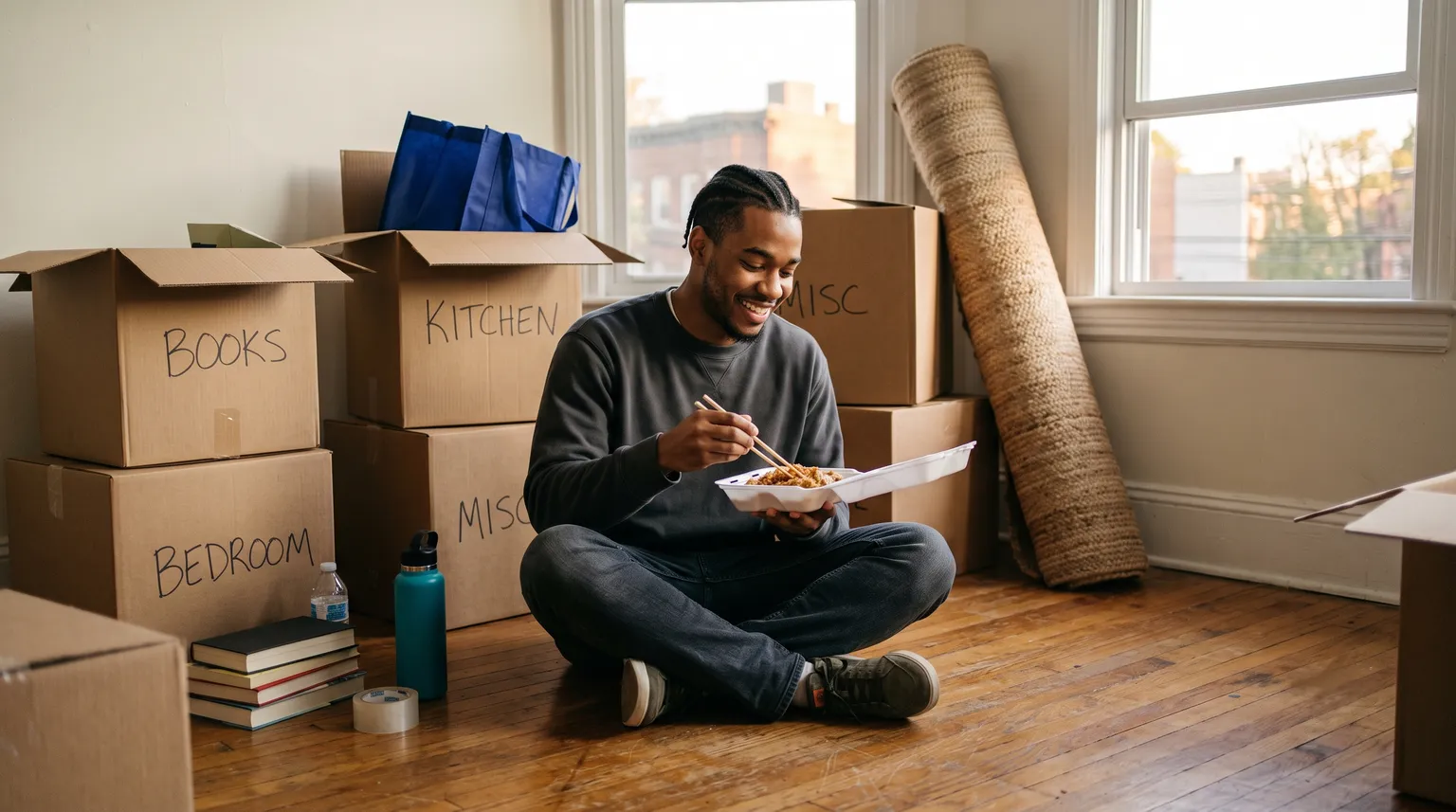 A young man sitting on the floor of a nearly empty first apartment, surrounded by half-unpacked moving boxes in late afternoon light.