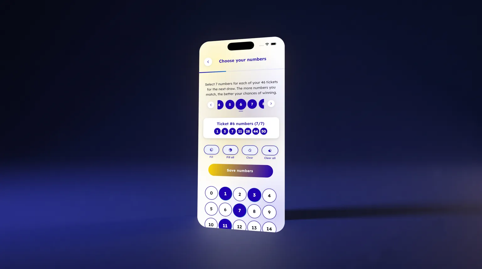 A smartphone showing the Lodavo app's Choose Your Numbers screen for the weekly draw, on a deep blue gradient.