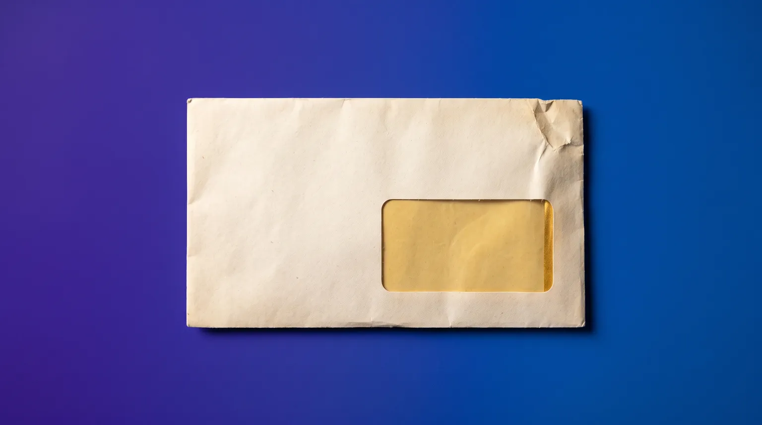 A single unopened window envelope on a deep blue background, one edge catching gold light.