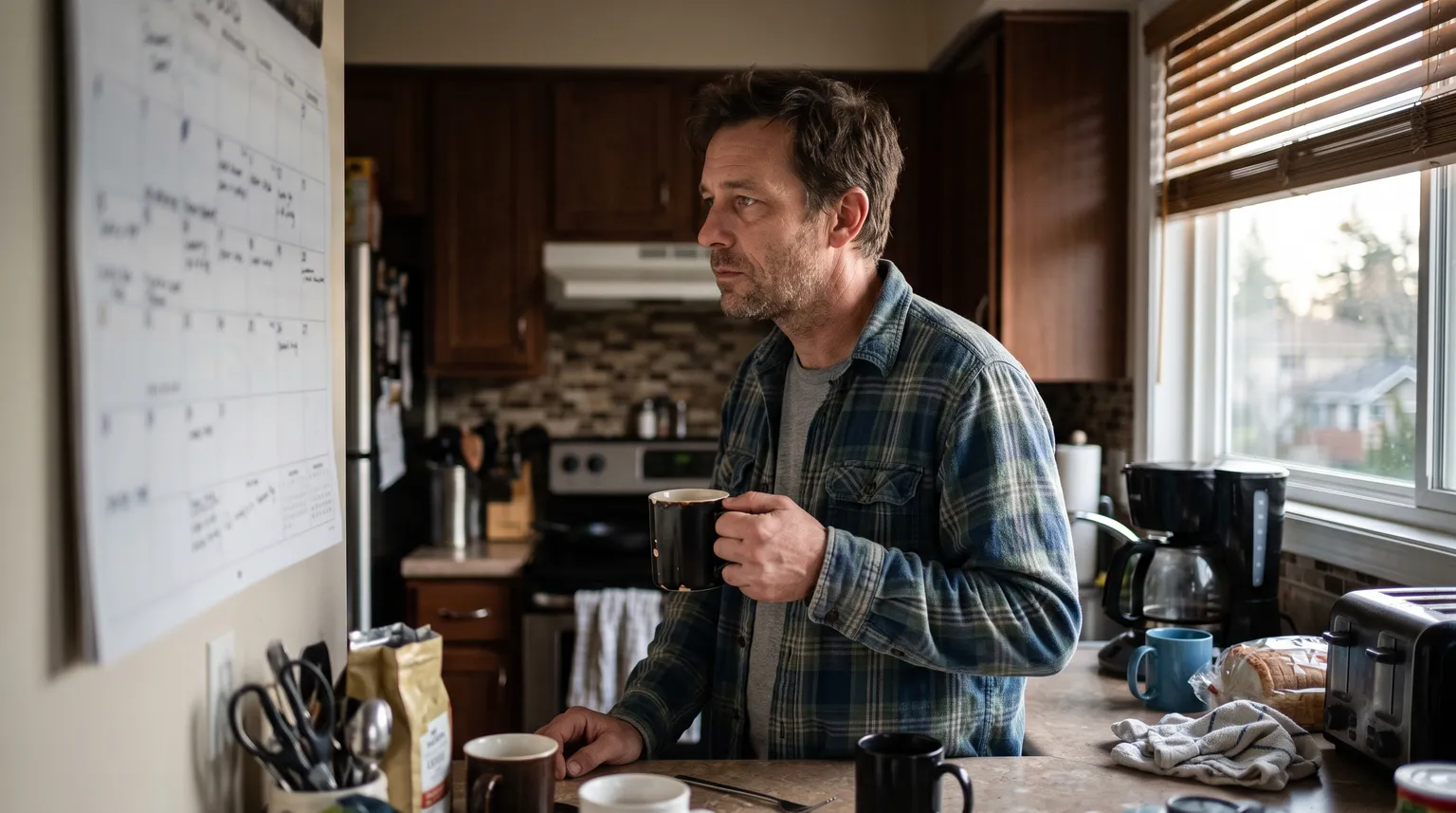 A man in a plaid shirt pausing with a coffee at his kitchen counter, looking at the calendar on the wall beside him.