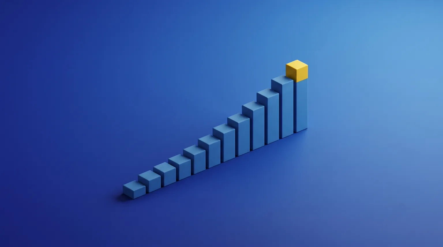 A row of blue blocks rising like a staircase, the tallest one capped in gold.