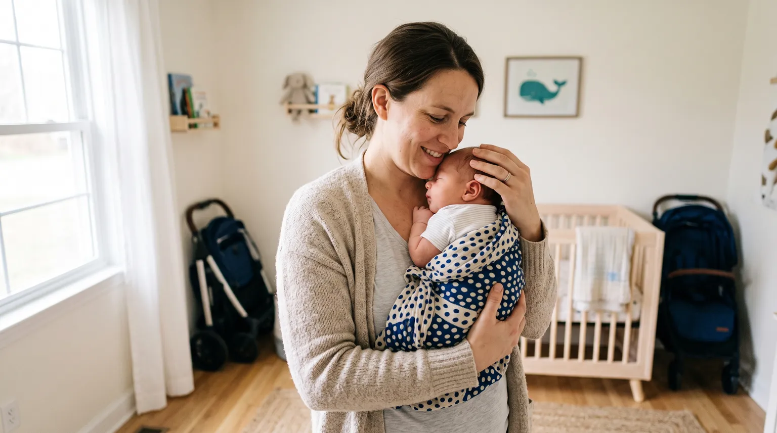 A new parent in a bright nursery holding a newborn, with a crib and stroller in the background.
