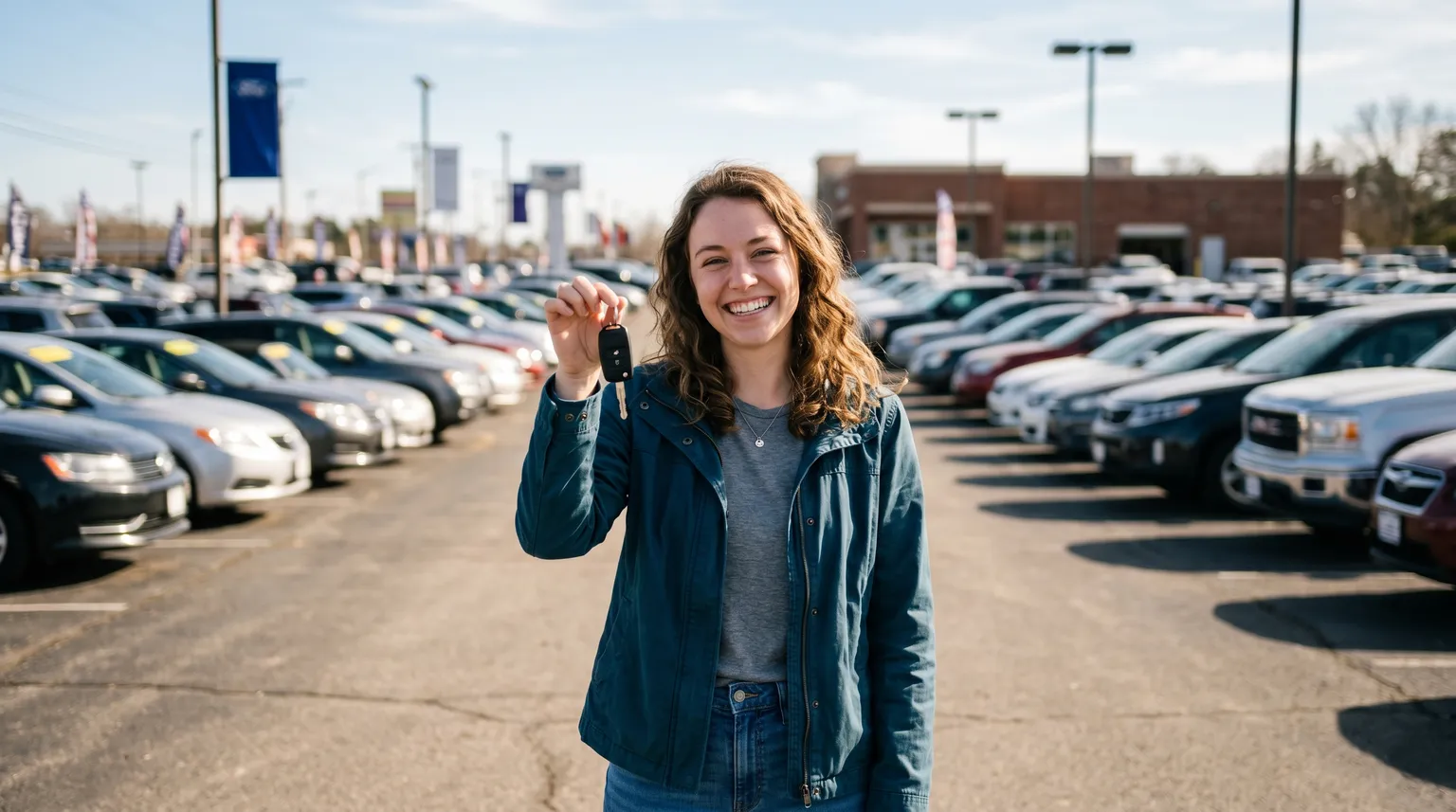 Une jeune personne sur un terrain de concession ensoleillé, tenant les clés d'une voiture d'occasion.