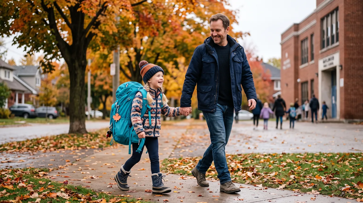 A father walking his young daughter to school on a leafy sidewalk, her backpack almost as big as she is.