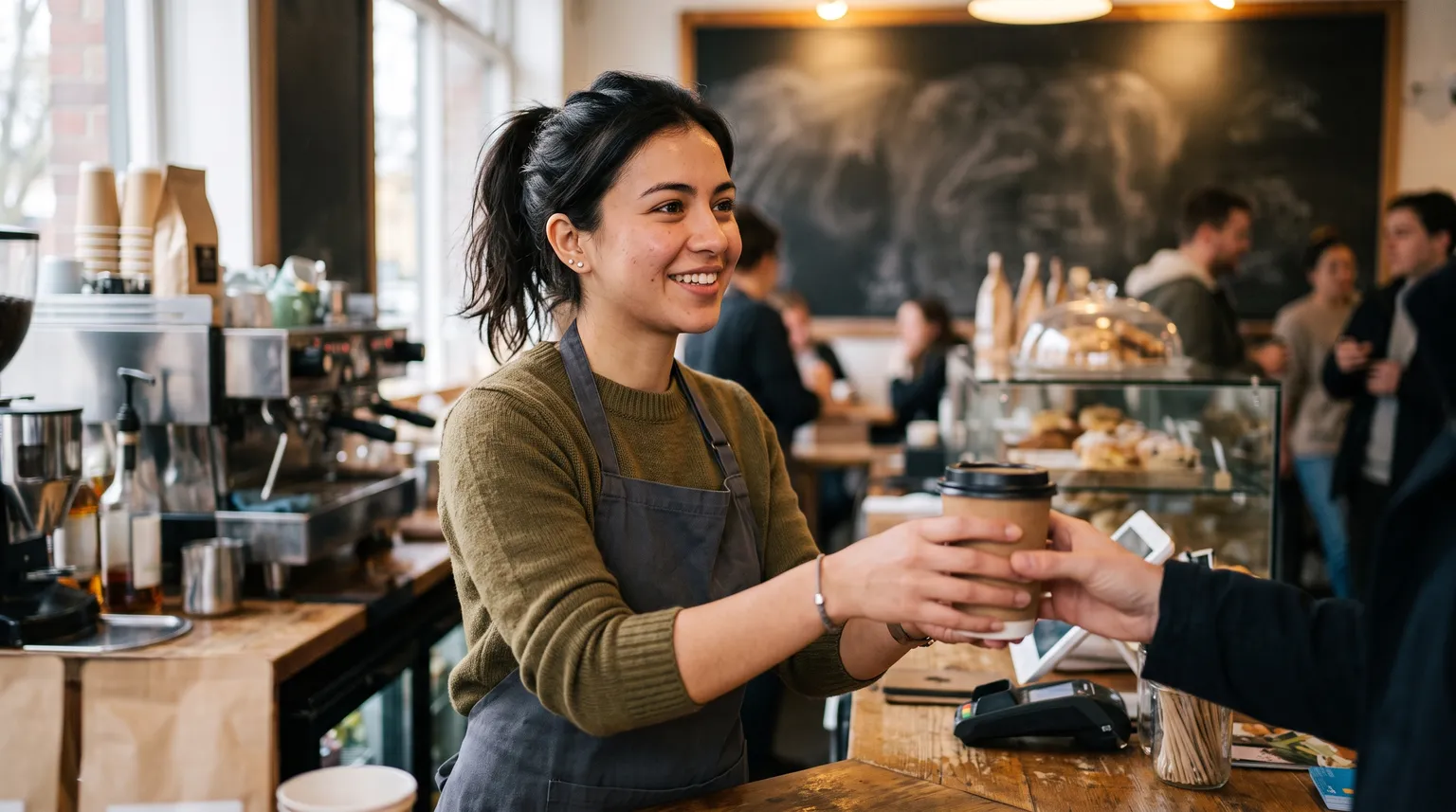 A young international student in an apron working the counter of a busy campus café in warm afternoon light.