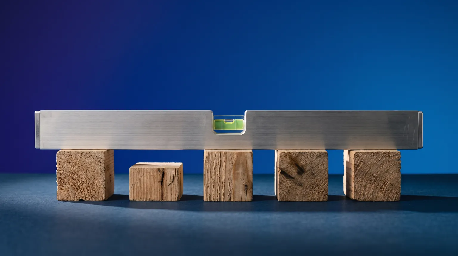 Un niveau à bulle en aluminium posé sur cinq blocs de bois de hauteurs inégales, la bulle bien centrée.