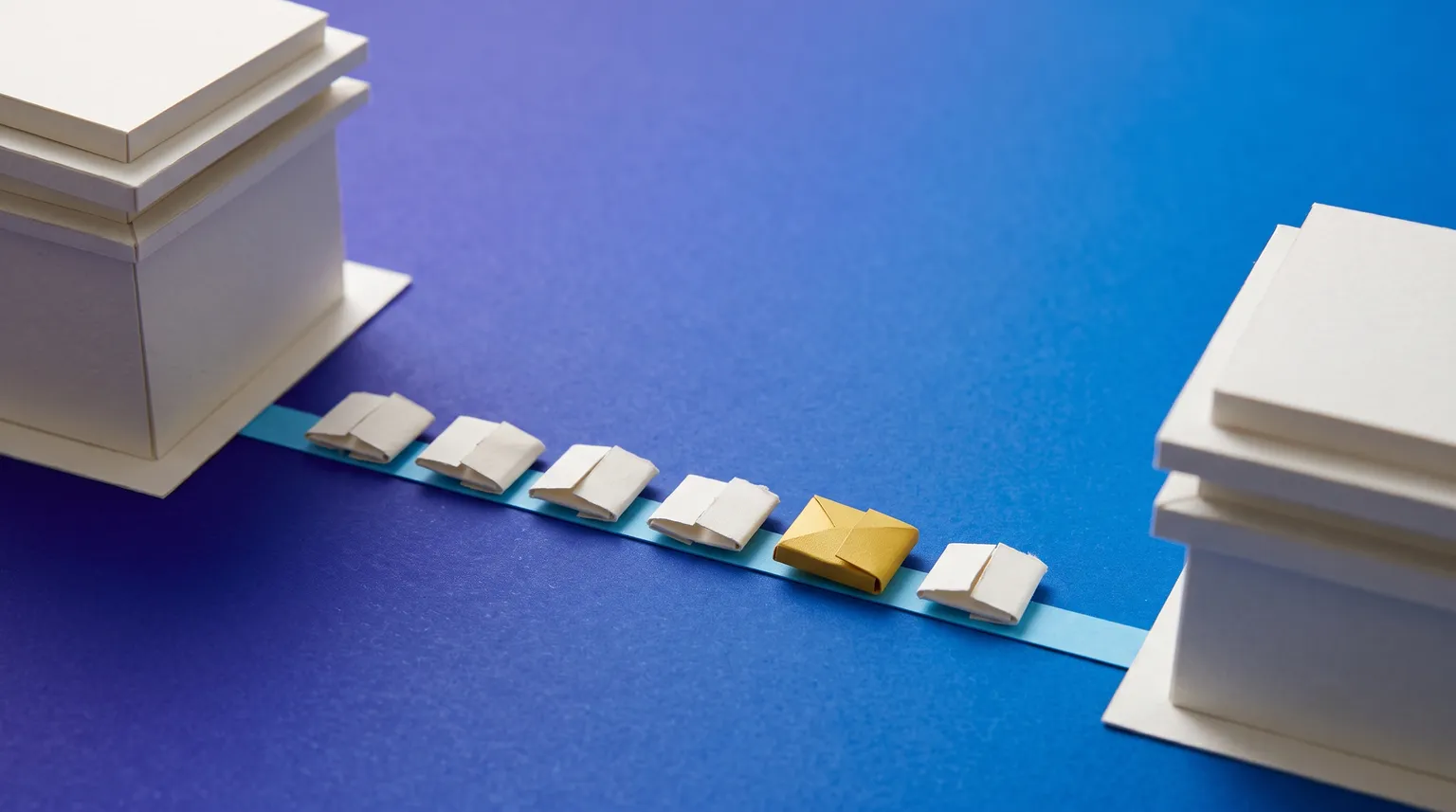 Small paper-craft parcels travelling along a line between two simple building shapes.