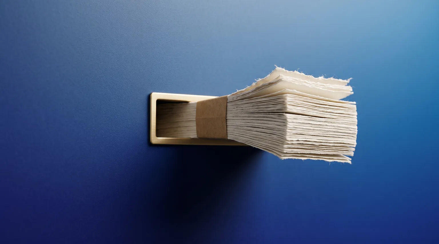 A thick bundle of paper notes stuck halfway into a narrow slot in a blue wall.