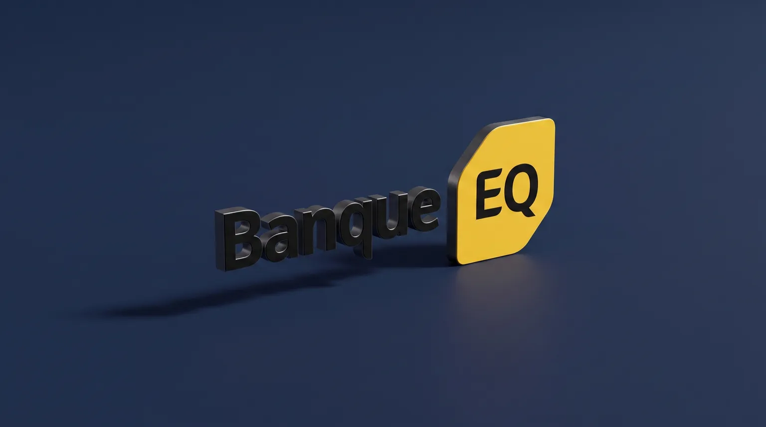 Le logo de la Banque EQ posé comme un objet mince et solide sur une surface bleu marine lisse, sous un éclairage de studio doux.