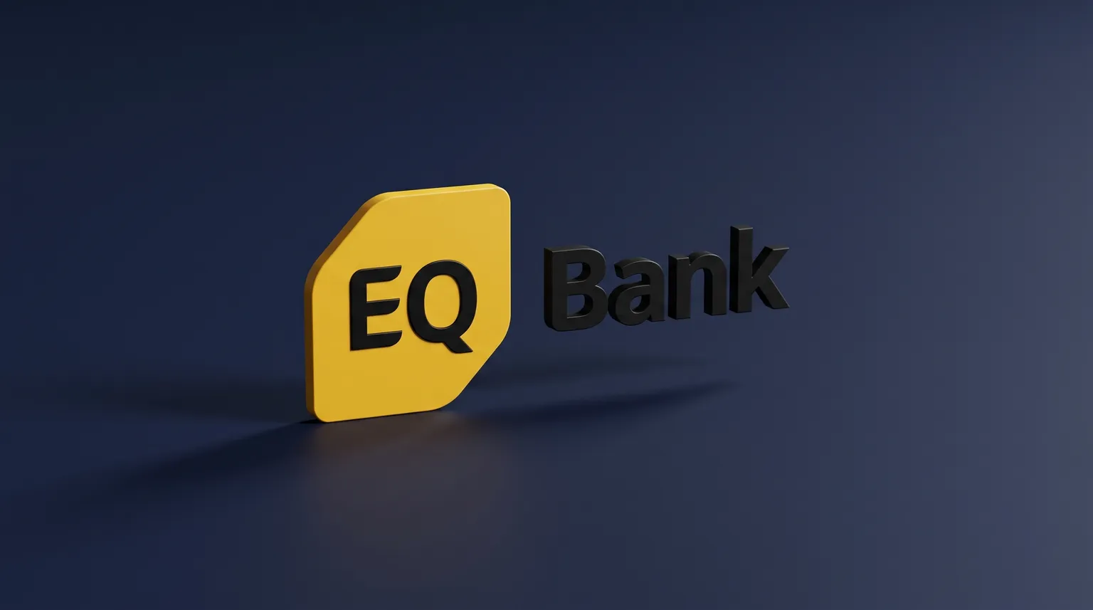 The EQ Bank logo standing as a thin solid object on a smooth deep navy surface under soft studio light.