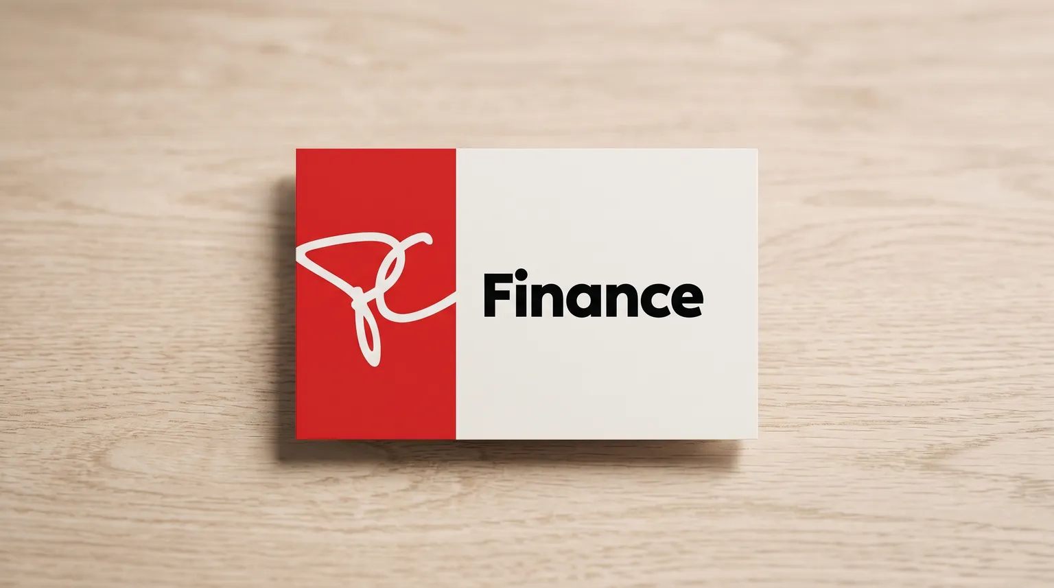 Le logo de PC Finance sur une carte mate rouge et blanc cassé, posée sur une surface de chêne pâle, sous une lumière du jour douce.