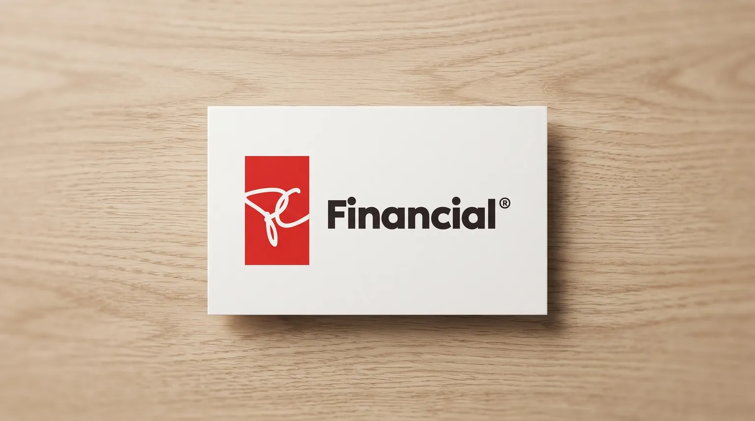 The PC Financial logo printed on a matte white card lying on a pale oak surface in soft daylight.