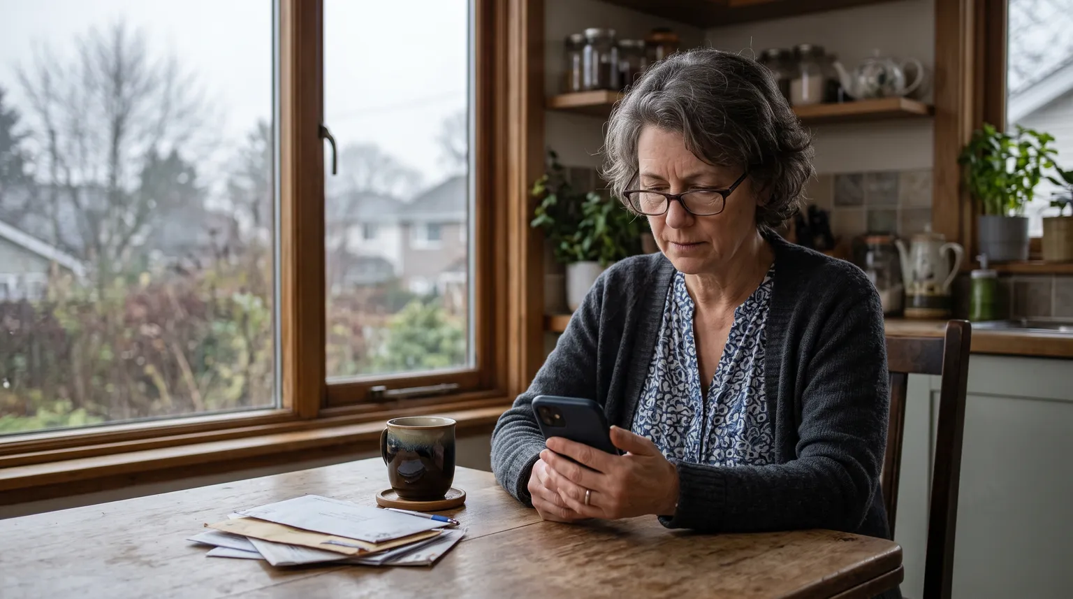 A woman in her late fifties at a kitchen table looking carefully at her phone, open mail beside her.