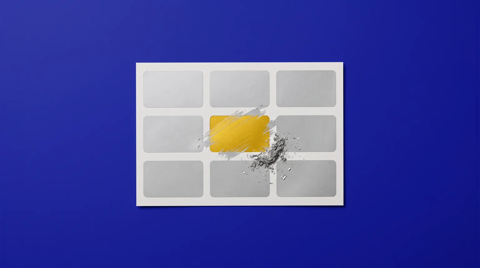 A scratch ticket with nine silver panels on a deep blue background, the centre one scratched away to reveal gold beneath it.