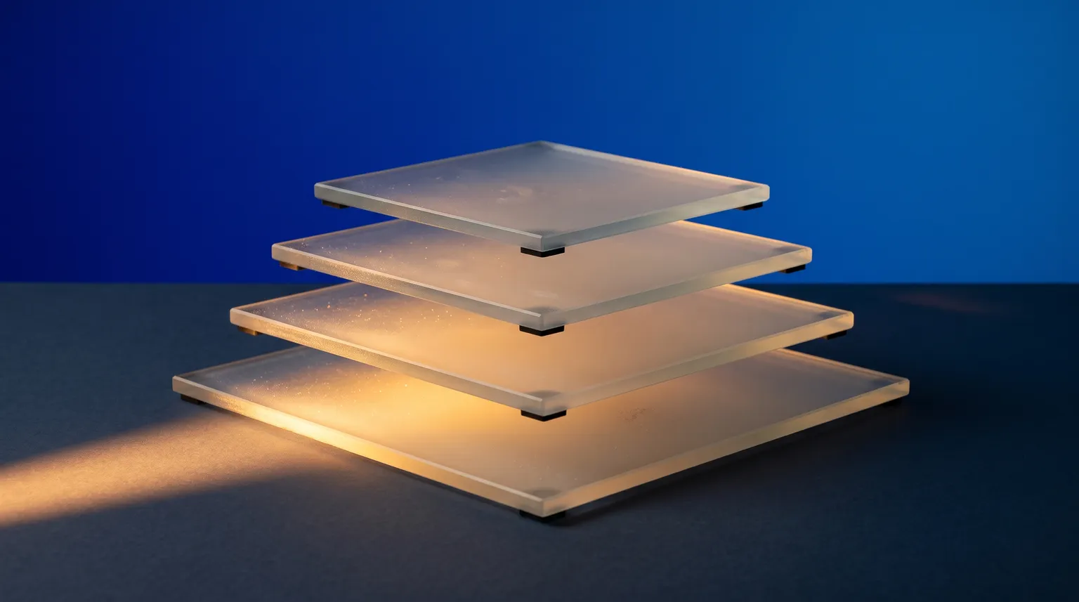 Four stacked panes of frosted glass, gold light dimming as it passes up through each layer.