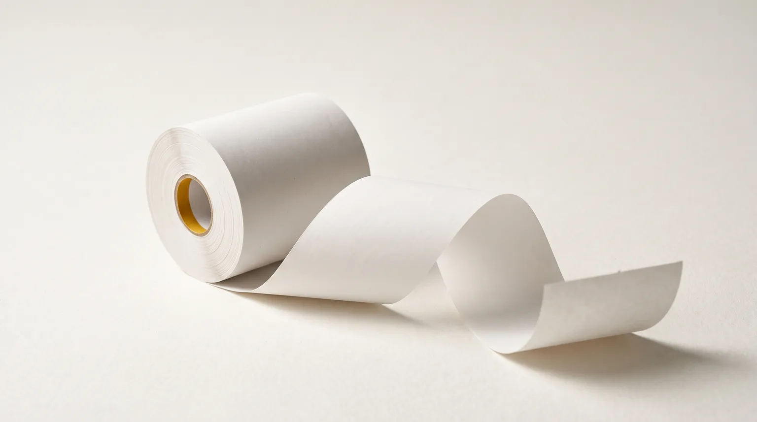 A curled roll of blank receipt paper unspooling on a pale backdrop, a thin gold band at its core.