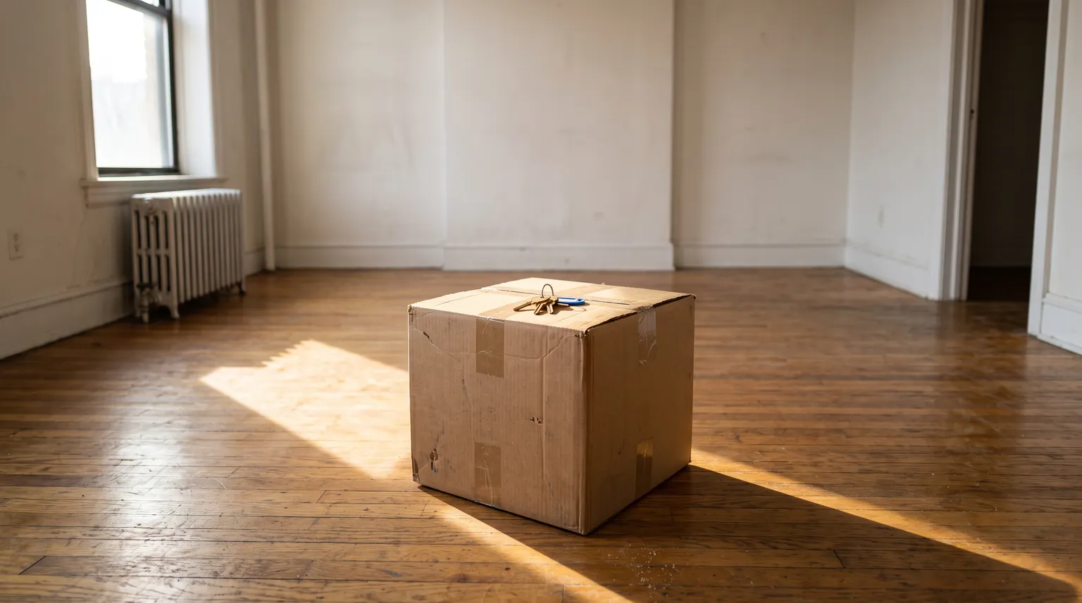 One taped cardboard box and a set of keys on the bare floor of an empty apartment.