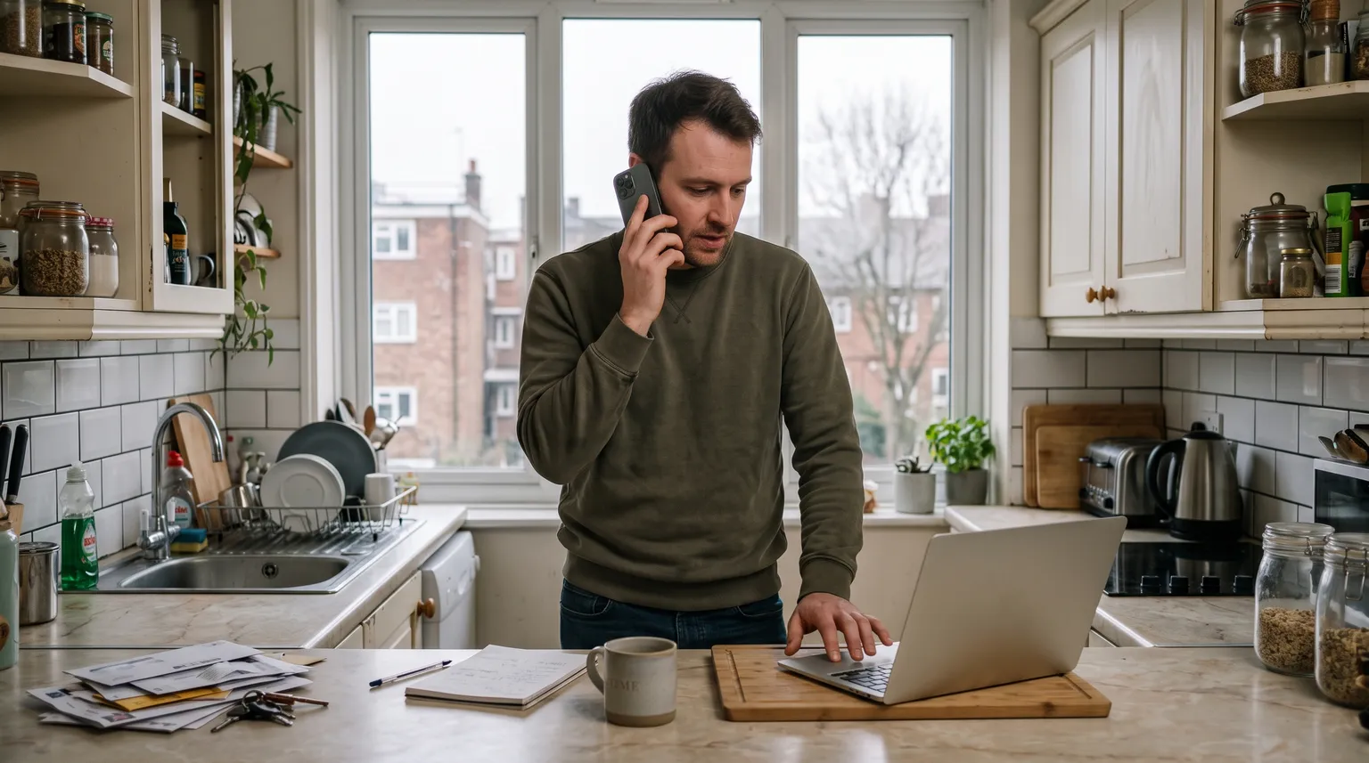 A man standing at an apartment kitchen counter with a phone to his ear, looking down at his laptop.