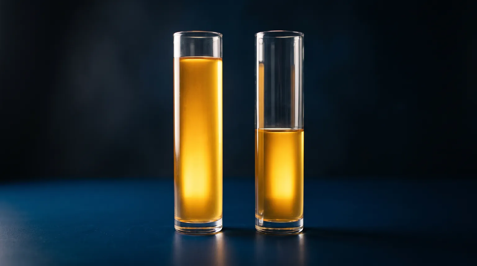 Two identical glass measuring cylinders on a deep blue surface, one filled almost to the top with gold liquid and the other only half full.