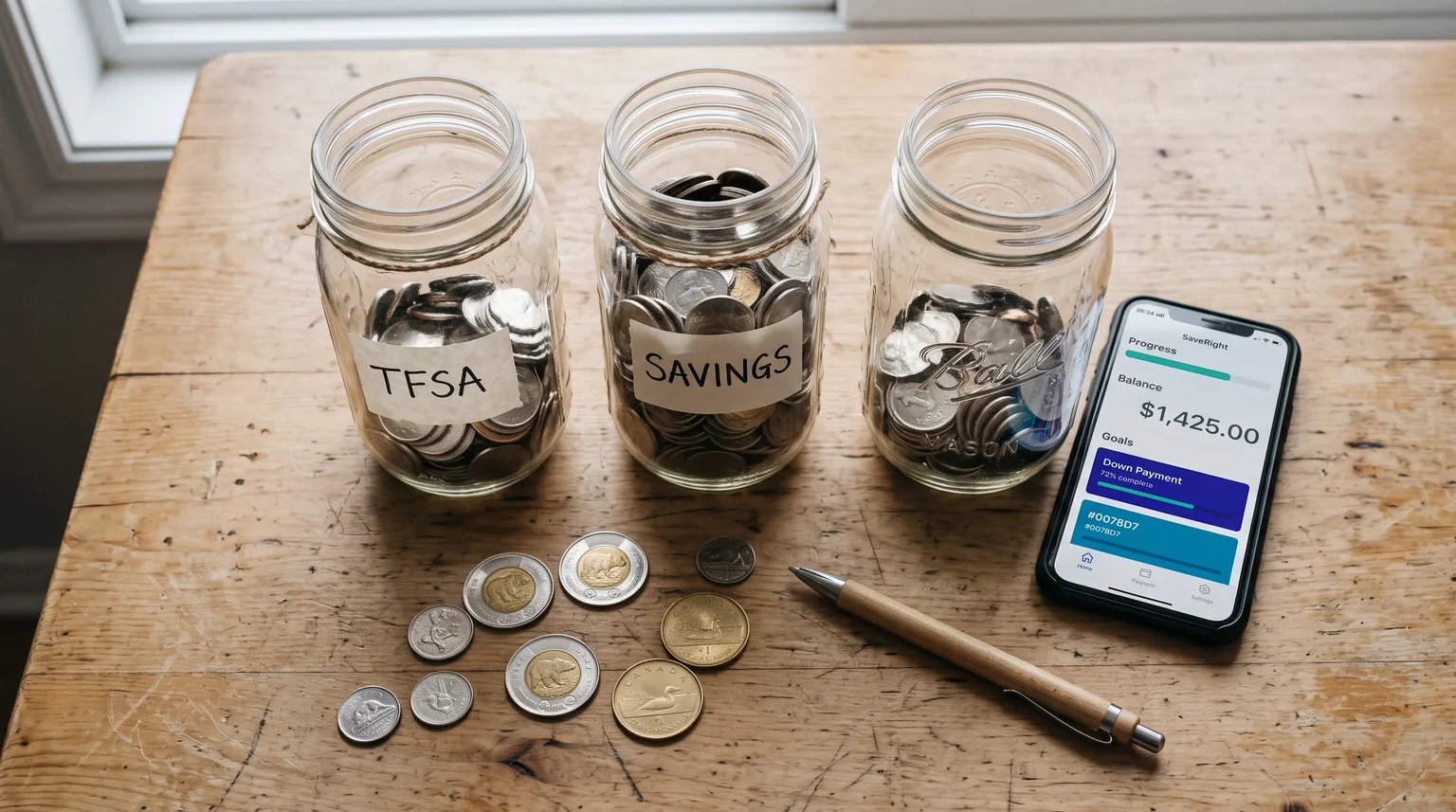 Labelled TFSA and savings jars filled with Canadian coins beside a phone showing a savings balance on a wooden table.